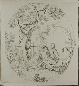 Brodaty mężczyzna szpiegujący kochanków pod altaną autorstwa Johann Heinrich Ramberg