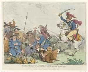Pokaz Spektakl w Holandii we wrześniu i październiku 1787 (tytuł na obiekcie) Cztery angielskie karykatury o Patriotach w 1787 roku (tytuł serii) autorstwa Johann Heinrich Ramberg