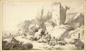 Poganiacz z rodziną i bydłem obok klasycznych ruin autorstwa Johann Heinrich Roos