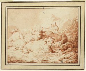 Bydło i owce z pasterzem w skalistym krajobrazie autorstwa Johann Heinrich Roos