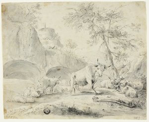Krajobraz z pasterzem i owcami, kozą, bydłem autorstwa Johann Heinrich Roos