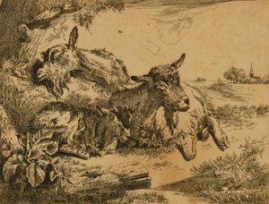 Dwie kozy i koźlę autorstwa Johann Heinrich Roos