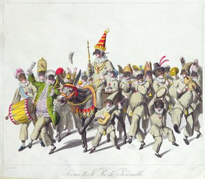 Procesja Kinga Puncha podczas karnawału rzymskiego, początek XIX w. (kolorowe grawerowanie) autorstwa Johann Heinrich Stuermer