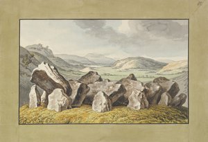 Prehistoryczny kamienny krąg na kopcu, rozległy krajobraz za nim, połowa XVIII – początek XIX w. autorstwa Johann Heinrich Wilhelm Tischbein