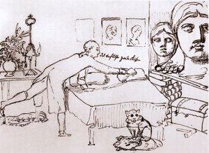 Johann Wolfgang Von Goethe w swoim domu przy Via del Corso w Rzymie. Rysunek Johanna Heinricha Wilhelma Tischbeina (1751-1829) (zwany także Goethe-Tischbein lub Goethe Tischbein). sd. XVIII wiek.