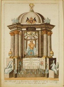 Pomnik żałobny (Castrum Doloris) wzniesiony przez mieszkańców Wiednia z okazji mszy żałobnej za cesarza (rycina) autorstwa Johann Hieronymus Loeschenkohl