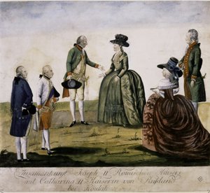 Spotkanie Katarzyny II i Józefa II nad Dnieprem w dniu ... (kolorowa rycina) autorstwa Johann Hieronymus Loeschenkohl