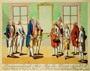 Spotkanie cesarza Leopolda II z królem Prus Fryderykiem Wilhelmem III i elektorem Saksonii Fryderykiem Augustem w zamku Pilnitz... (rycina) autorstwa Johann Hieronymus Loeschenkohl