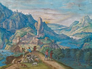 Górski krajobraz o zmroku z doliną rzeki i postaciami, 1640. autorstwa Johann Jacob Besserer