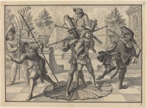 Arlekin i Scaramouche tworzą „fontannę” autorstwa Johann Jacob Schubler