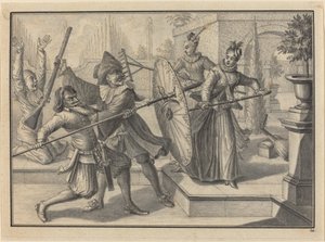 Pantaloon i Doktor walczący z Columbine i Brigatellą w ogrodzie autorstwa Johann Jacob Schubler