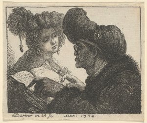 Mężczyzna w turbanie czyta młodej kobiecie autorstwa Johann Jakob Dorner the Elder