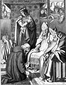 Ludwik Pobożny dokonujący pokuty w Attigny w 822 r. Ilustracja z Geschichte des deutschen Volkes autorstwa E. Dullera, 1840