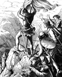 Otto I Bawarski zapobiega klęsce cesarza pod Weroną Ilustracja z Geschichte des deutschen Volkes autorstwa E. Dullera, 1840