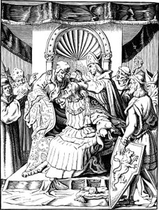 Abdykacja cesarza Henryka IV w Ingelheim Ilustracja z historii narodu niemieckiego autorstwa E. Dullera, 1840