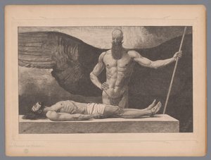 Chrystus w sarkofagu z aniołem Der Triumph der Finsternis (tytuł na obiekcie) Siedem mistycznych przedstawień (tytuł serii) autorstwa Johann Jakob Weber