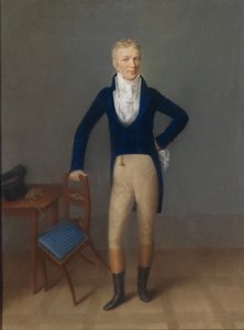 Pełnometrażowy portret jasnowłosego dżentelmena w stroju jeździeckim, opartego o oparcie krzesła autorstwa Johann Lorenz Kreul
