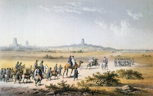 Wejście karawany Heinricha Bartha (1821-1865) do Timbuktu w 1853 r., z „Podróży i odkryć w Afryce Północnej i Środkowej” Bartha, rytowane przez Eberharda Emmingera (1808-1885) wydane w 1857 r. (kolor