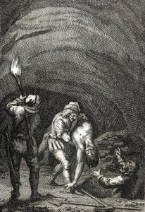 Śmierć Wilhelma II Holenderskiego zabitego przez Fryzów, którzy potajemnie zakopali go pod podłogą domu Rycina Johanna Michaela Mettenleitera (1765-1853) 1800 Zbiory prywatne