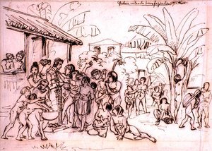 Indianie odwiedzający posiadłość, Brazylia, ok. 1825 (pióro i brązowy tusz na ołówku) autorstwa Johann Moritz Rugendas
