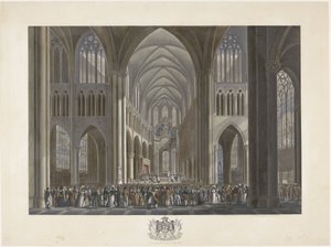 Błogosławieństwo króla Wilhelma I w kościele św. Guduli w Brukseli 21 września 1815 r. Dwanaście tablic przedstawiających przybycie i inaugurację Wilhelma I w Brukseli oraz bitwy pod Quatre-Bras i Waterloo w 1815 roku (tytuł serii) autorstwa Johann Nepomuk Gibèle (possibly)