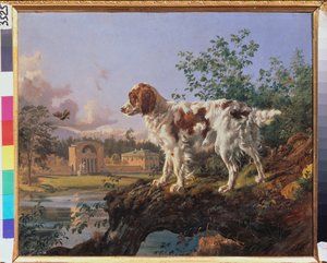 Własność Kuźminki. Karuzela. Pies w krajobrazie. Praca Johanna Nepomuka Raucha (1804-1847), olej na tekturze