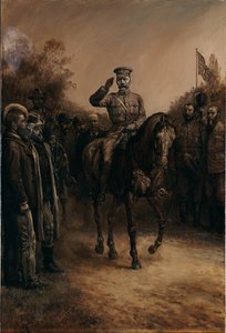 Generał Lord Kitchener salutuje, gdy przejeżdża obok przywódców Burów, którzy stoją, zdejmując kapelusze, 1902 autorstwa Johann Nepomuk Schonberg