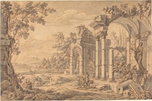 Krajobraz z rysownikiem wśród starożytnych ruin autorstwa Johann Oswald Harms