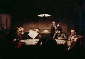 „Czytelnia” Mężczyźni wokół słabo oświetlonego stołu czytają prasę - Obraz Johanna Petera Hasenclevera (1810-1853) 1843 Staatliche Museen, Berlin