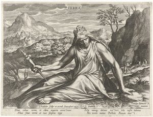 Ziemia uosobiona przez boginię Kybele Terra (tytuł na obiekcie) Cztery żywioły jako postacie mitologiczne (tytuł serii) autorstwa Johann Sadeler (I)