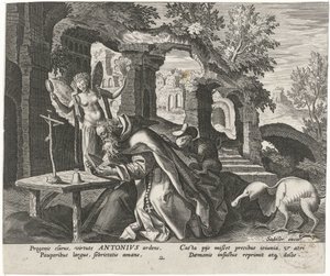 Antoni Wielki jako pustelnik Mężczyzna pustelnicy (tytuł serii) Solitudo Sive Vitae Patrum Eremicolarum (tytuł serii) autorstwa Johann Sadeler (I)