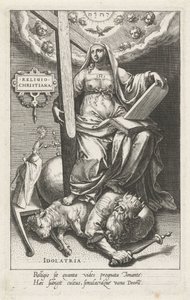 Religia chrześcijańska (Religio Christiana) przezwycięża bałwochwalstwo (Idolatria) Religia Christiana (tytuł na obiekcie) Cnoty zwyciężają wady (tytuł serii) autorstwa Johann Sadeler (I)