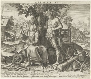 Niemcy z Ceres i Bachus Germania (tytuł na obiekcie) Alegoryczne przedstawienia krajów europejskich (tytuł serii) autorstwa Johann Sadeler (I)