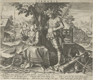 Niemcy z Ceres i Bachus Germania (tytuł na obiekcie) Alegoryczne przedstawienia krajów europejskich (tytuł serii) autorstwa Johann Sadeler (I)