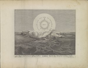 Eerste scheppingsdag: scheiding van licht en darken Schepping van de wereld (tytuł serii) To jest biblijny teatr świętej historii Starego i Nowego Testamentu wyrażony na płytach z brązu (tytuł serii) autorstwa Johann Sadeler (I)