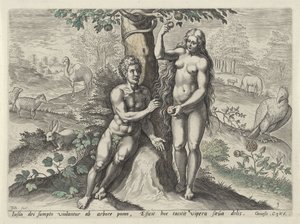 Ewa uwodzi Adama Upadek człowieka (tytuł serii) autorstwa Johann Sadeler (I)