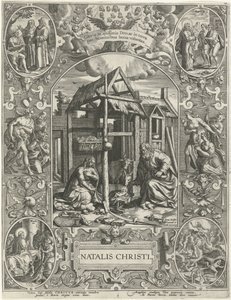 Narodzenia: Boże Narodzenie Natalis Christi (tytuł na obiekcie) Cztery najważniejsze święta chrześcijańskie (tytuł serii) autorstwa Johann Sadeler (I)