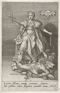 Sprawiedliwość (Justitia) pokonuje przemoc (Violentia) Sprawiedliwość (tytuł na przedmiocie) Cnoty zwyciężają wady (tytuł serii) autorstwa Johann Sadeler (I)