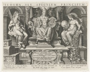 Autorytet (Potestas), Prestiż (Nobilitas) i Dobroczynność (Liberalitas) Druk tytułowy do serii o cechach księcia Główne działania księcia (tytuł serii) Schemat, seu speculum principum (tytuł serii) Harmonogram, sev specvlvm autorstwa Johann Sadeler (I)