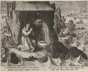 Św Gudwal z Walii jako pustelnik Cnotliwe życie pustelników (tytuł serii) Trophaeum vitae solitariae (tytuł serii) autorstwa Johann Sadeler (I)