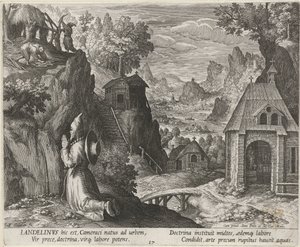 Święty Landelin jako pustelnik Pustelnicy (tytuł serii) Oraculum Anachoreticum (tytuł serii) autorstwa Johann Sadeler (I)