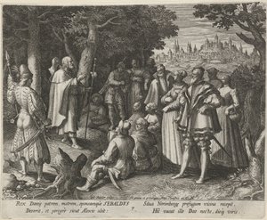 Święty Sebaldus z Norymbergi jako pustelnik Cnotliwe życie pustelników (tytuł serii) Trophaeum vitae solitariae (tytuł serii) autorstwa Johann Sadeler (I)