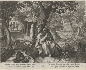Św Suatacopius jako pustelnik Cnotliwe życie pustelników (tytuł serii) Trophaeum vitae solitariae (tytuł serii) autorstwa Johann Sadeler (I)