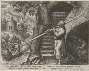 Święty Teodor Tiro jako pustelnik Cnotliwe życie pustelników (tytuł serii) Trophaeum vitae solitariae (tytuł serii) autorstwa Johann Sadeler (I)