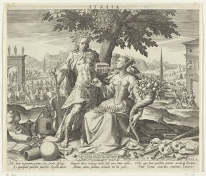 Włochy, z Wenus i Apollo Włochy (tytuł na obiekcie) Alegoryczne przedstawienia krajów europejskich (tytuł serii) autorstwa Johann Sadeler (I)
