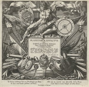Jupiter en een oorlogsschip met het wapen van Alessandro Farnese Titelprent van een prentserie over de influence van de planeten over streken Skutki planet i ich znaków w zodiaku (tytuł serii) Planetarvm effectvs i eorvm w znakach zodiaku (ser autorstwa Johann Sadeler (I)