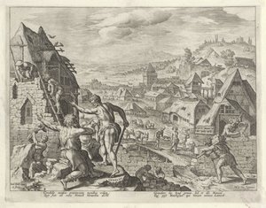 Kain buduje miasto Enoch Historia rodziny Kaina / O dobrych i złych uczynkach (tytuł serii) Boni et mali scientia (tytuł serii) autorstwa Johann Sadeler (I)