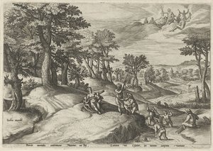 Leto (Latona) zamienia Lycians w żaby Pejzaże ze scenami mitologicznymi (tytuł serii) autorstwa Johann Sadeler (I)