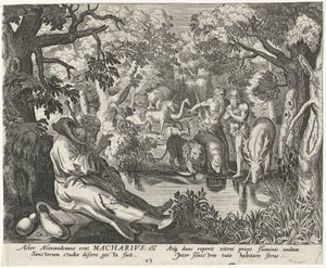 Makary Aleksandryjski jako pustelnik Mężczyzna pustelnicy (tytuł serii) Solitudo Sive Vitae Patrum Eremicolarum (tytuł serii) autorstwa Johann Sadeler (I)