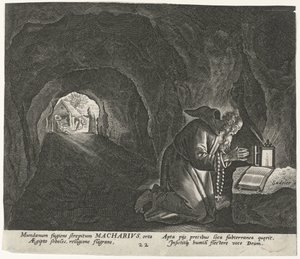 Makary Egiptu jako pustelnik Mężczyzna pustelnicy (tytuł serii) Solitudo Sive Vitae Patrum Eremicolarum (tytuł serii) autorstwa Johann Sadeler (I)